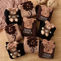 3 Pairs Women Cartoon Bear Mid Tube Socks Fashionable Cute Three-Dimensional Printed Letter Socks Soft Comfortable Casual Socks