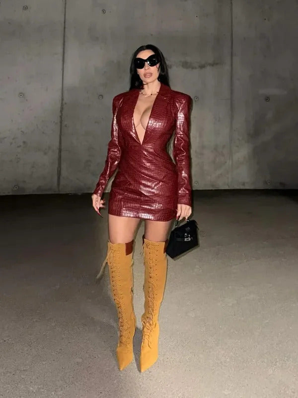 Sexy Deep V Neck Burgundy Leather Dress Women Long Sleeve High Waist Fold Slim Mini Dresses 2024 New Lady Highstreet A-line Robe