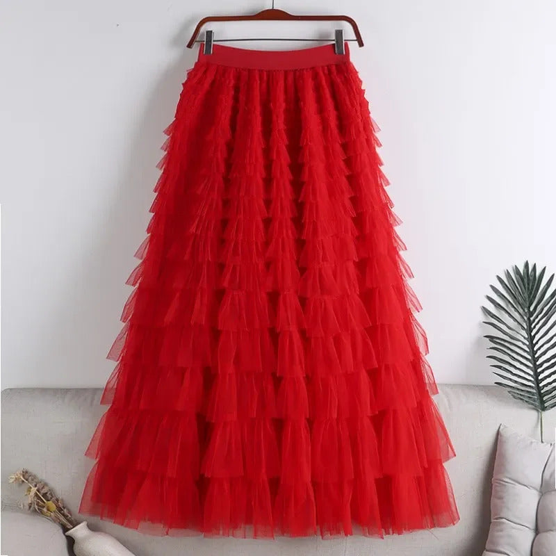 Medium-length Wire Mesh Spliced Cake Skirt 2023 Spring Summer Autumn/winter New Style A- line Long Dress Puffy Dress