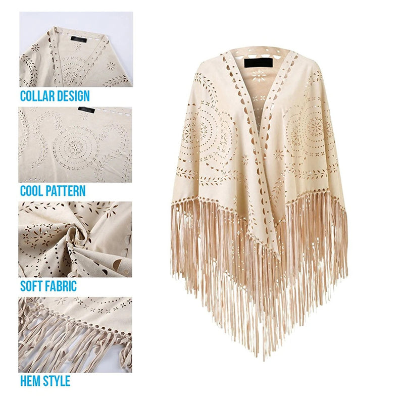 Women's Loose Suede Fringe Open Poncho Cloak Shawl Wrap with Punch Hole Patterns and Graceful Fringes Dropshipping