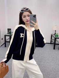 Women's Clothing Casual Elastic Slim Hooded Zipper Knitted Cardigan Autumn Winter Fashion Patchwork Wool Thick Commute Sweaters