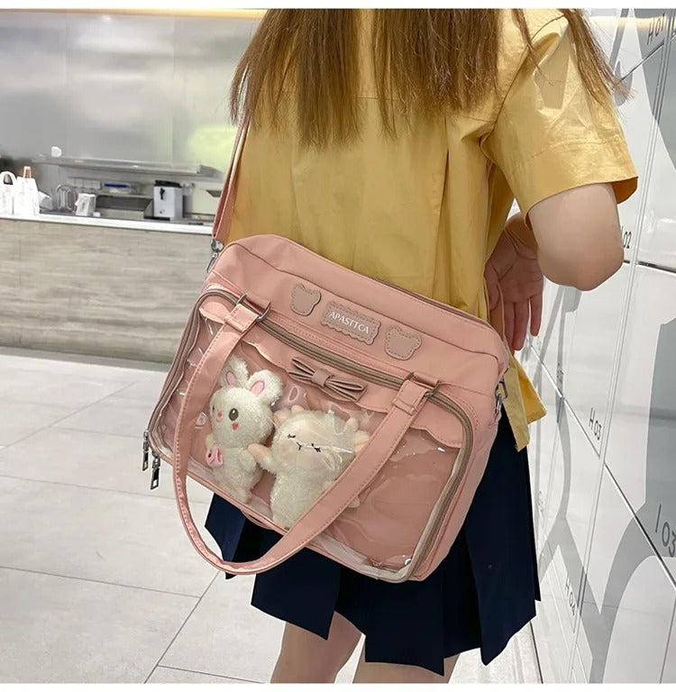 Japanese Cute Transparent Canvas Itabag Fashion Girls One Shoulder Bag Student Personality Crossbody Bag with Badge Doll Ita Bag