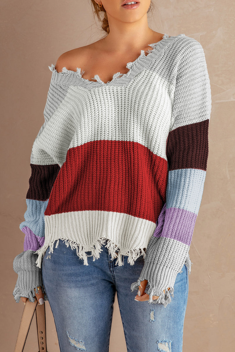 Gray Colorblock Distressed Sweater