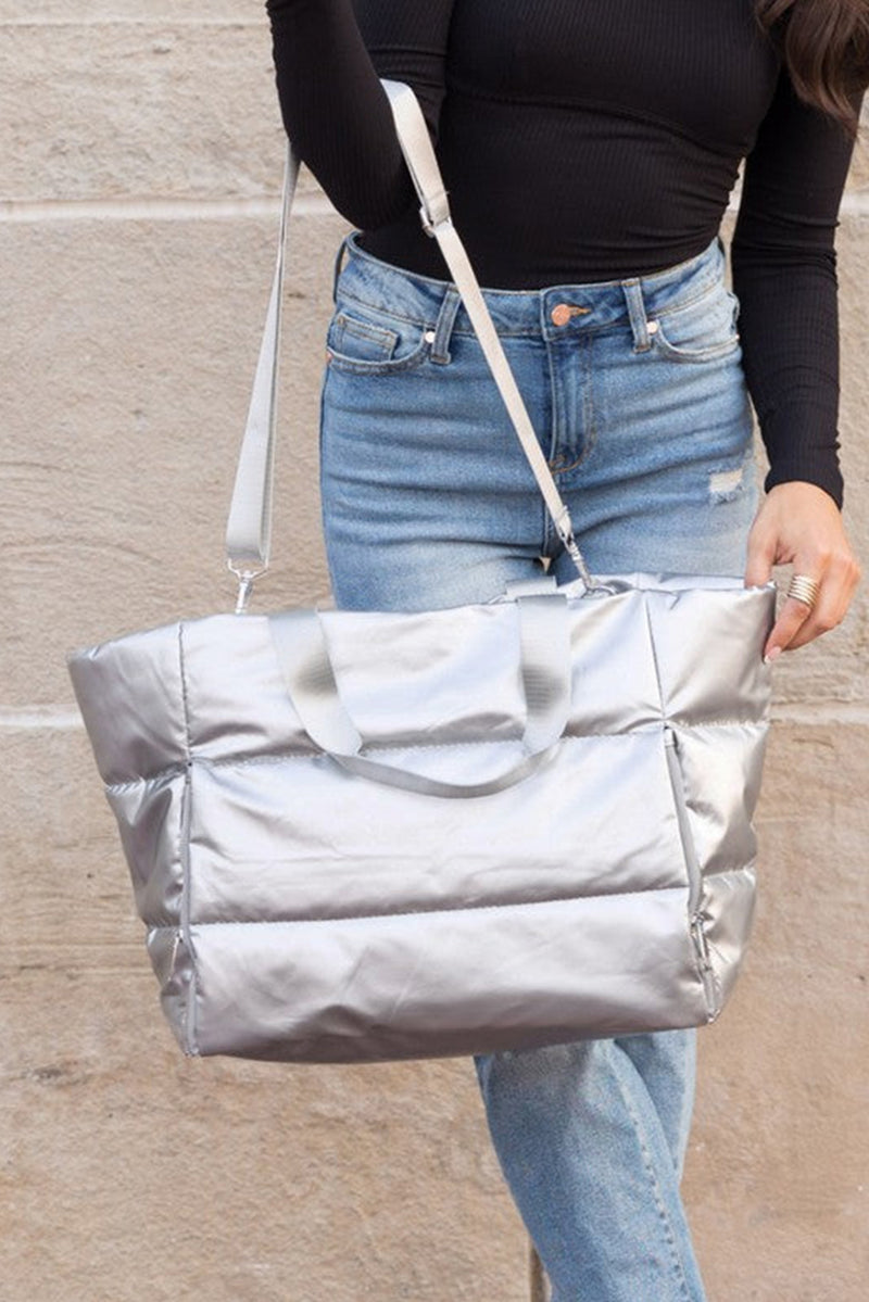 Silvery Solid Zipper Puffer Large Tote Bag