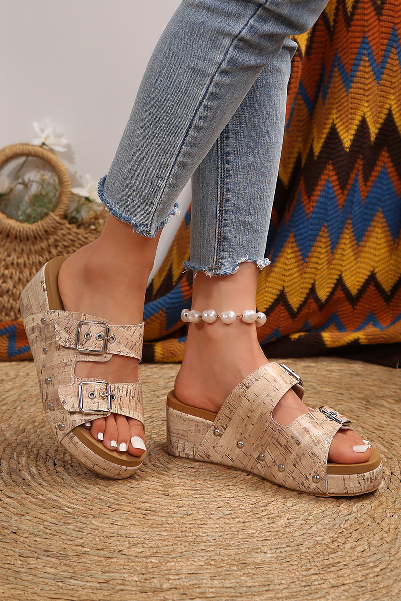 Pale Khaki Retro Buckle Studded Platform Slippers