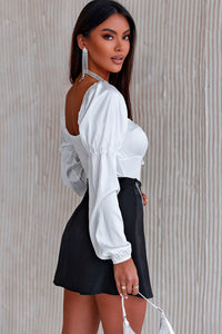 White Square Neck Drawstring Pleated High Waist Bodysuit