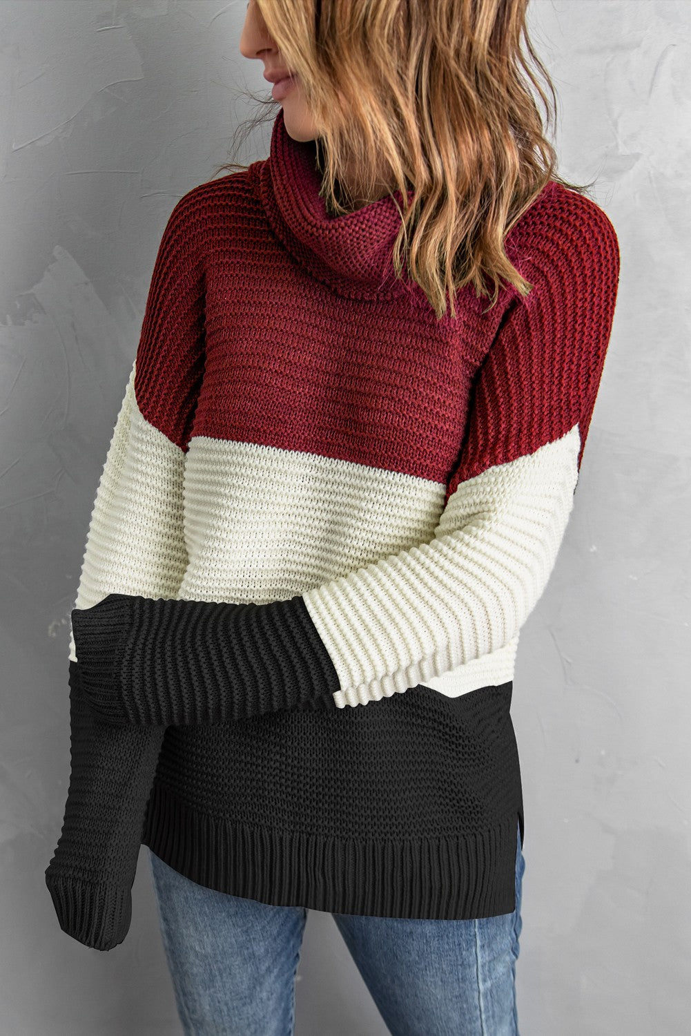 Black Turtleneck Color Block Pullover Sweater