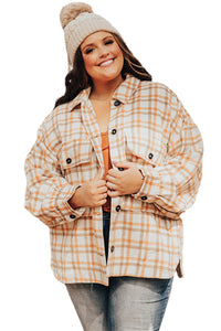 Khaki Plus Size Plaid Jacket with Flap Pockets