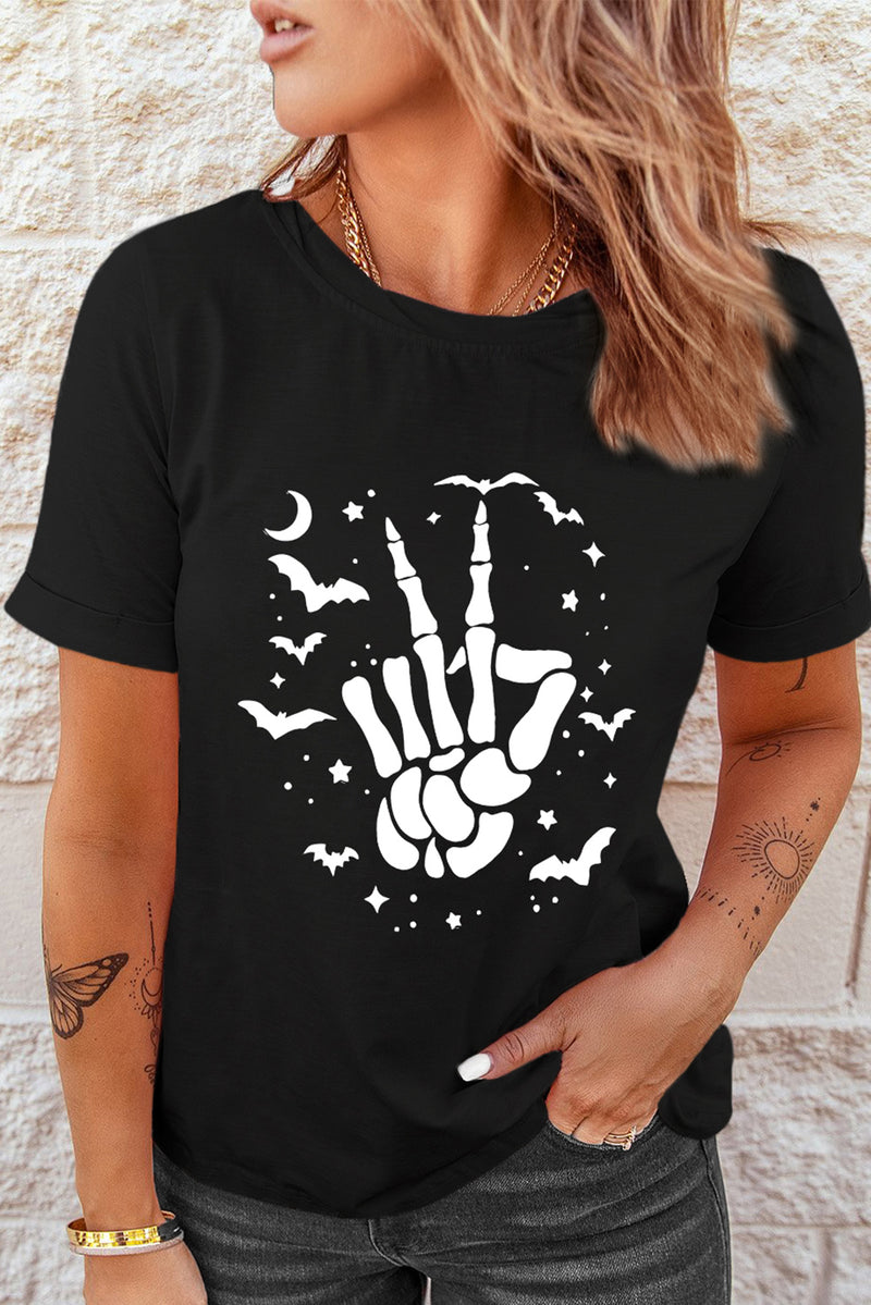 Black Halloween Bat & Skeleton Hand Graphic Tee