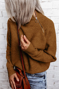 Brown Zip Knitted High Neck Sweater