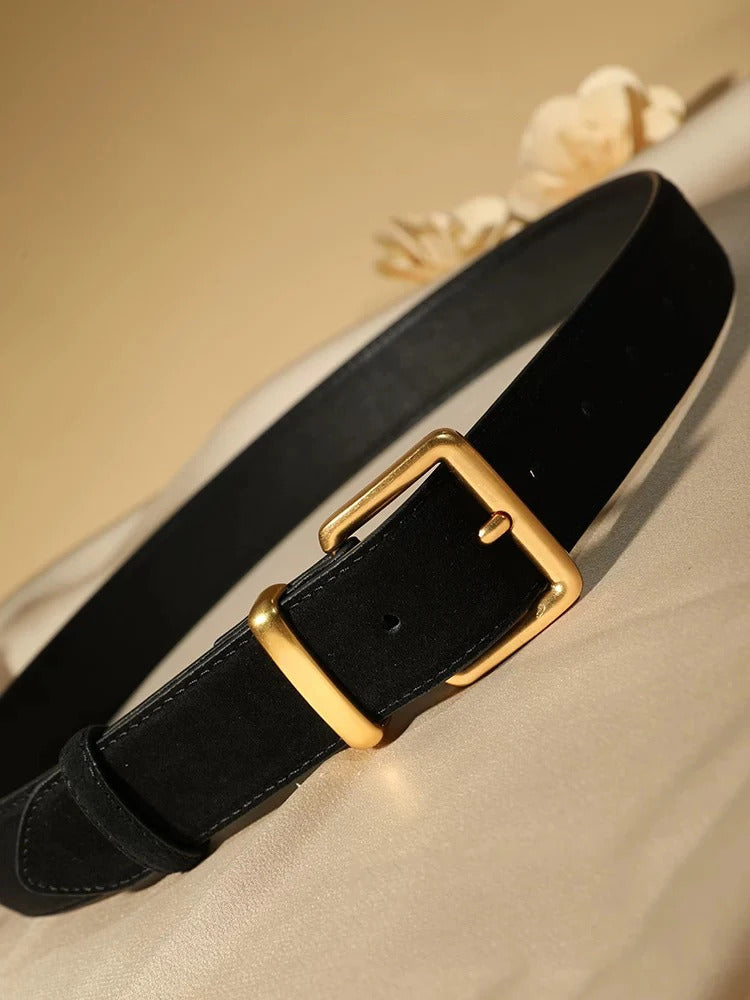 Luxury Suede Cowhide Leather Belt for Women, Vintage Style with Gold Buckle, 3.3cm Wide Waistband for Dresses & Jeans