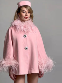 Elegant Feather Collar Cape Coats For Women Casual Solid Single Breasted Jackets Lady Autumn Chic Loose High Street Outwear Tops