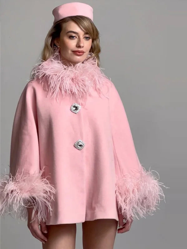 Elegant Feather Collar Cape Coats For Women Casual Solid Single Breasted Jackets Lady Autumn Chic Loose High Street Outwear Tops