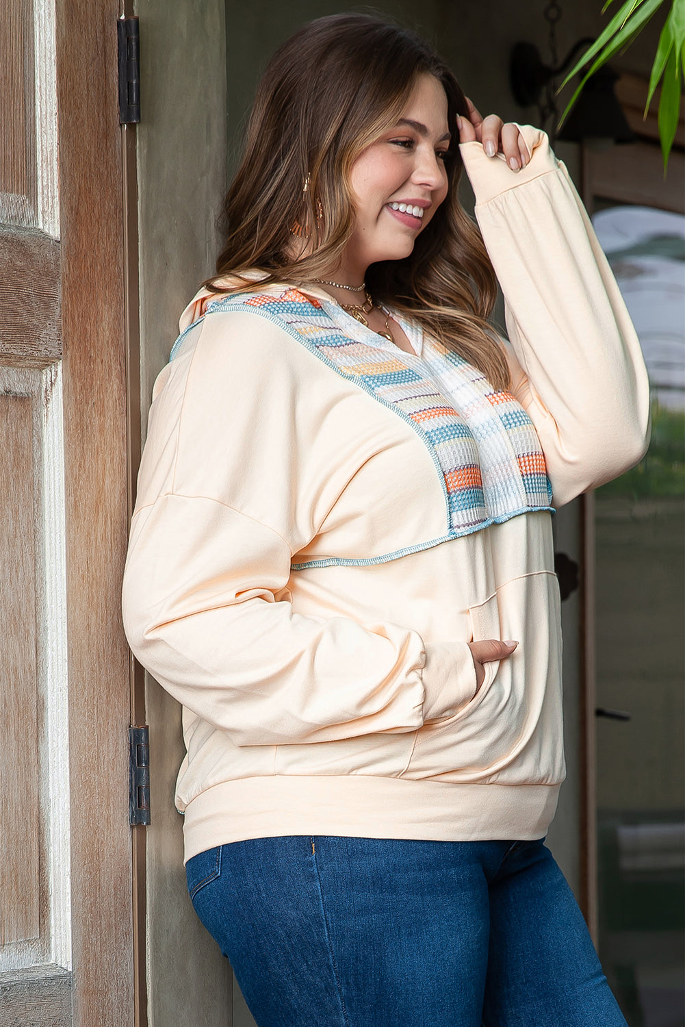 Khaki Geometric Print Splicing Plus Size Hoodie