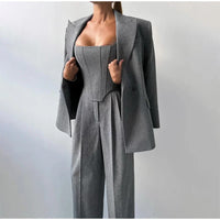 Fashion Grey Pants Sets For Women 3 Pieces Elegant Long Sleeve Belt Blazer Tank Top With High Waist Wide Trousers Lady Suits