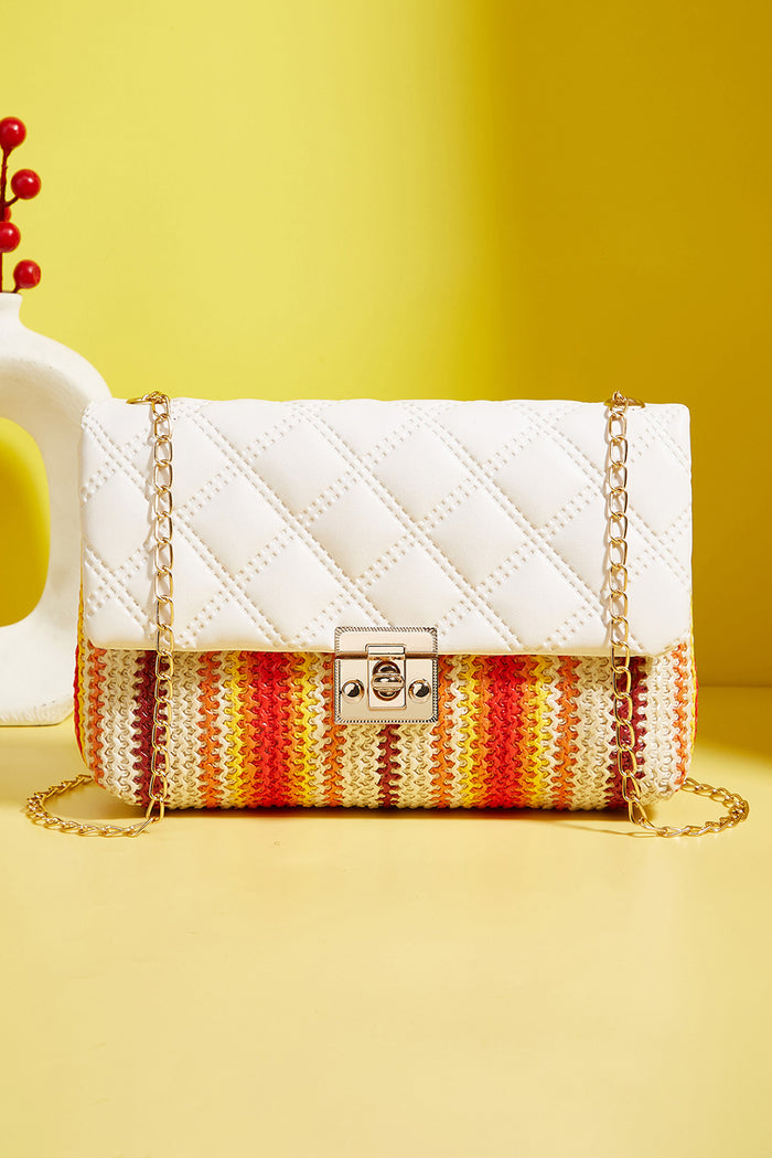 White Quilted Flap Printed Knit Chain Single Shoulder Bag