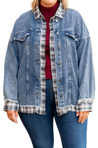 Sky Blue Plaid Hem Splicing Plus Size Denim Jacket