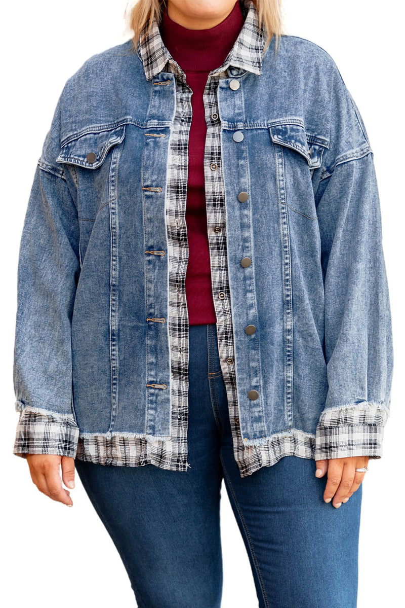 Sky Blue Plaid Hem Splicing Plus Size Denim Jacket