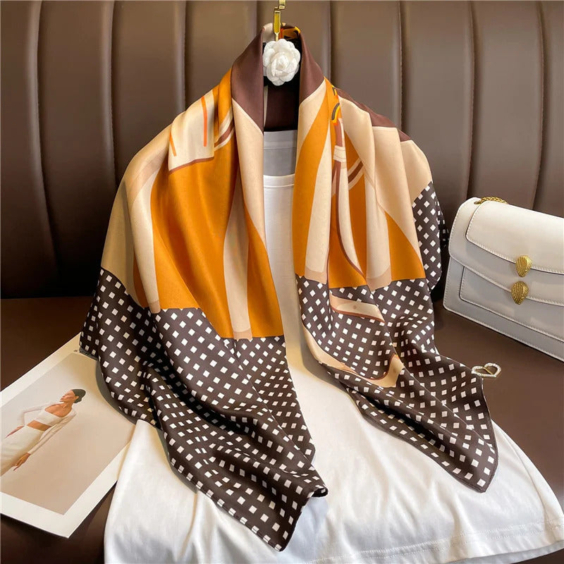 90*90Cm Square Scarf Twill Silk Feeling Women Head Shawls and Wraps Luxury Hair Tree Print Neck Scarves Hijab Bandana Pashmina