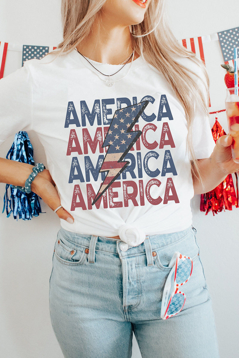 White AMERICA Flag Lightning Graphic Tee