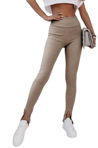 Khaki Rib Knit High Waist Slit Leggings