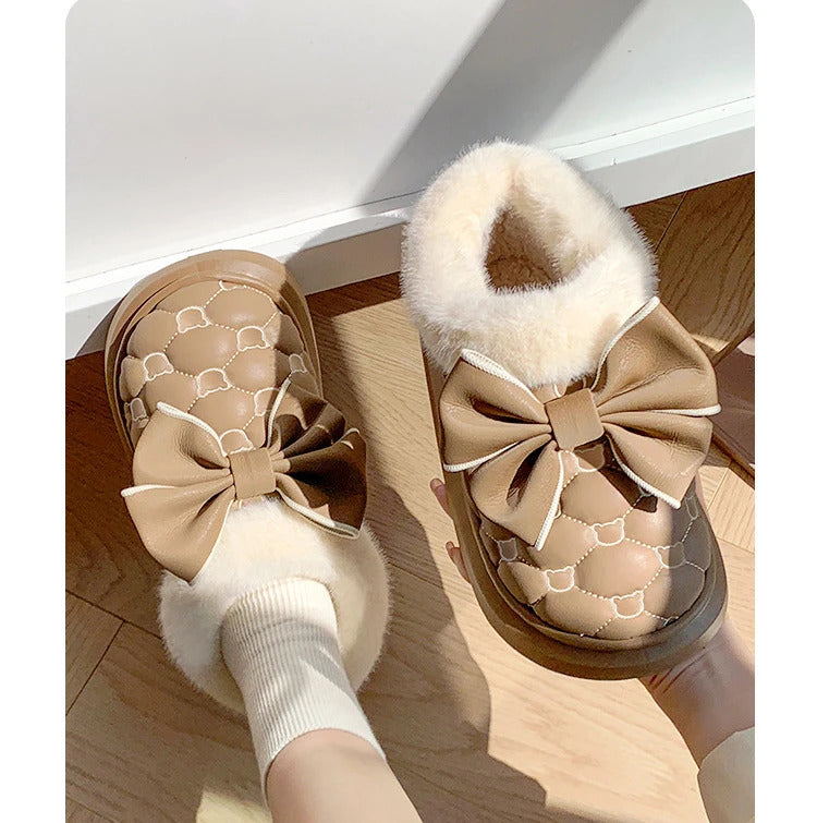 Platform Ankle Boots Female Bowknot Designer Winter Snow Booties Indoor Fluffy Slippers Women House Flats Fashion Footwear Warm