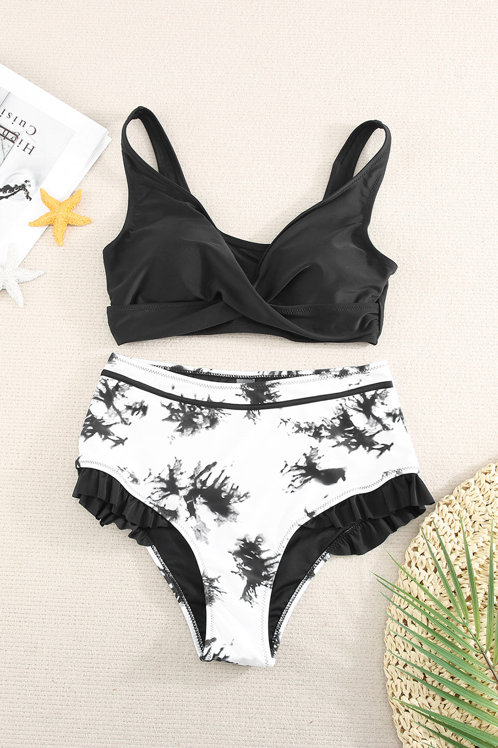 Black Sexy Solid Crisscross Top and Ruffled Tie Dye High Waisted Swimsuit