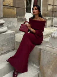 Women Burgundy Knitted Long Sweater Fashion Off-the-shoulder Pullover Long Dress Fall Winter Female Party Commuter Outfit