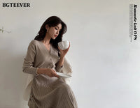 BGTEEVER Elegant V-neck Single-breasted Women Thicken Sweater Dress 2021 Autumn Winter Knitted Belted Female A-line soft dresses