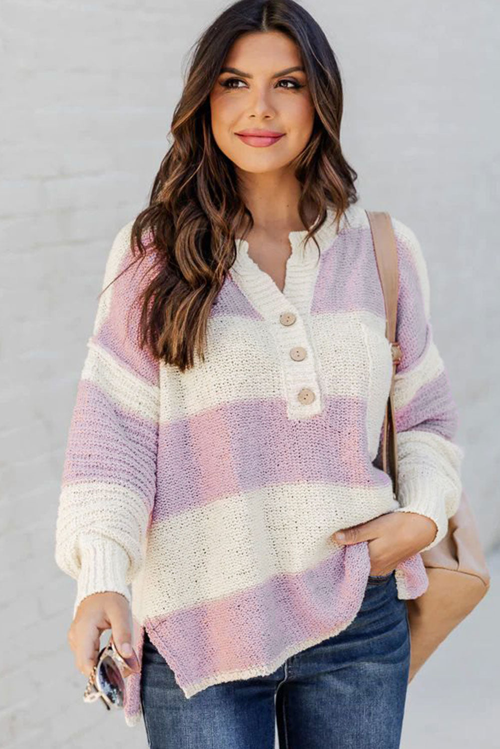 Pink Striped Knit Button Ribbed Split Neck Sweater