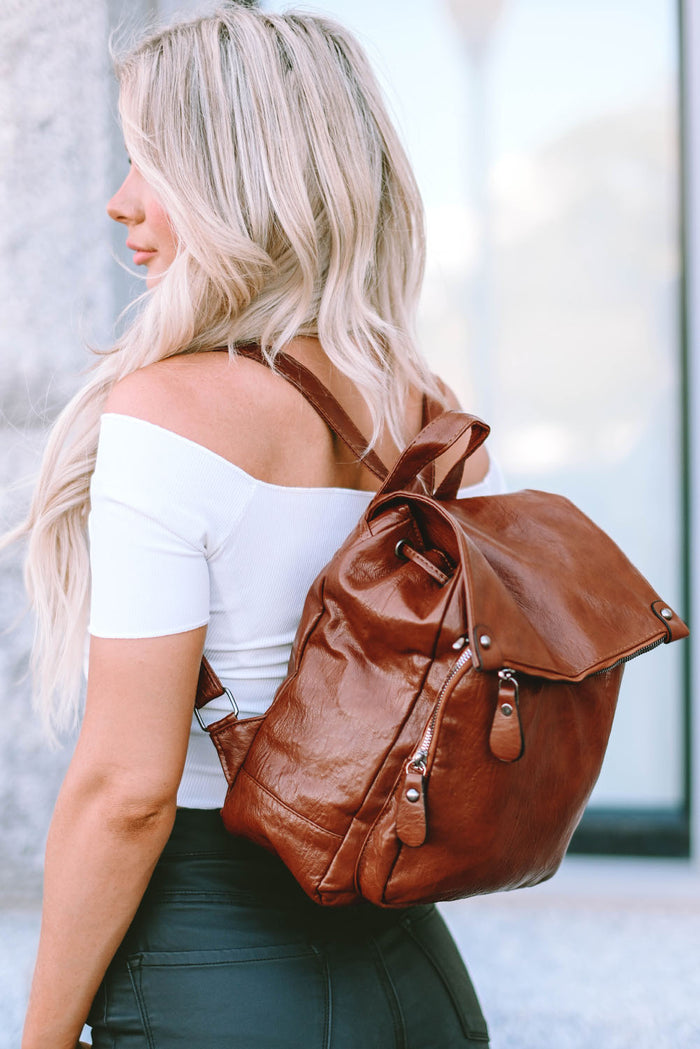 Brown Retro PU Leather Large Capacity Backpack