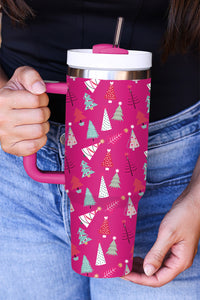 Rose Red Cartoon Christmas Tree Printed Thermos Cup