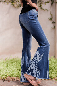 Blue Western Pattern High Rise Flare Jeans