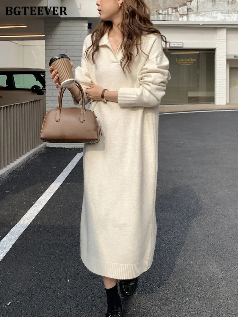 BGTEEVER Casual Thicken Warm Loose Sweater Dress Women Autumn Winter Lapel Full Sleeve Solid Long Knitted Dress Female vestidos