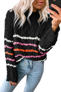 Black Striped Color Block Textured Knit Pullover Sweater