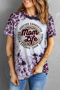 Pink Mom Life Slogan Leopard Bleached Graphic Tee