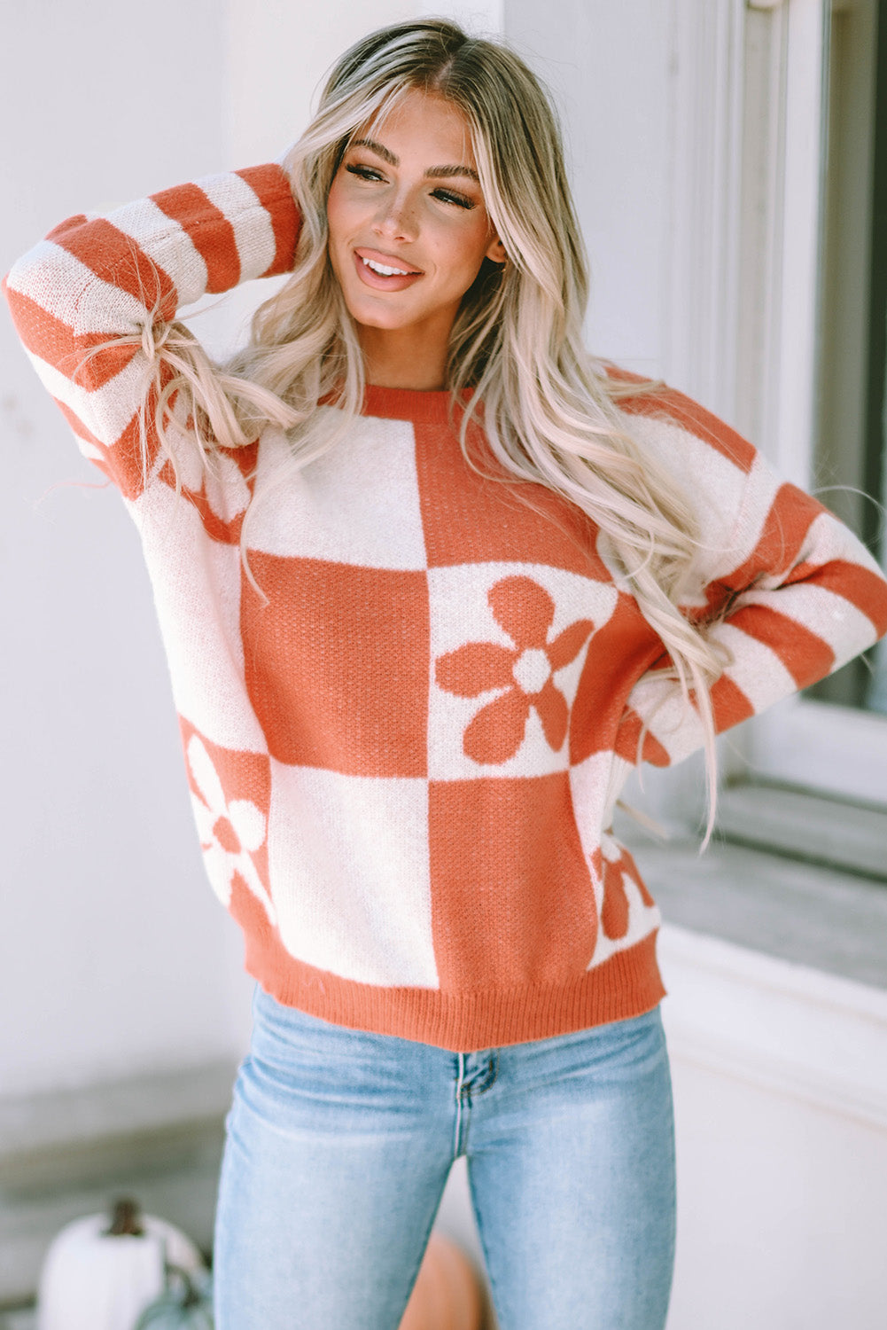 Orchid Petal Checkered Floral Print Striped Sleeve Sweater