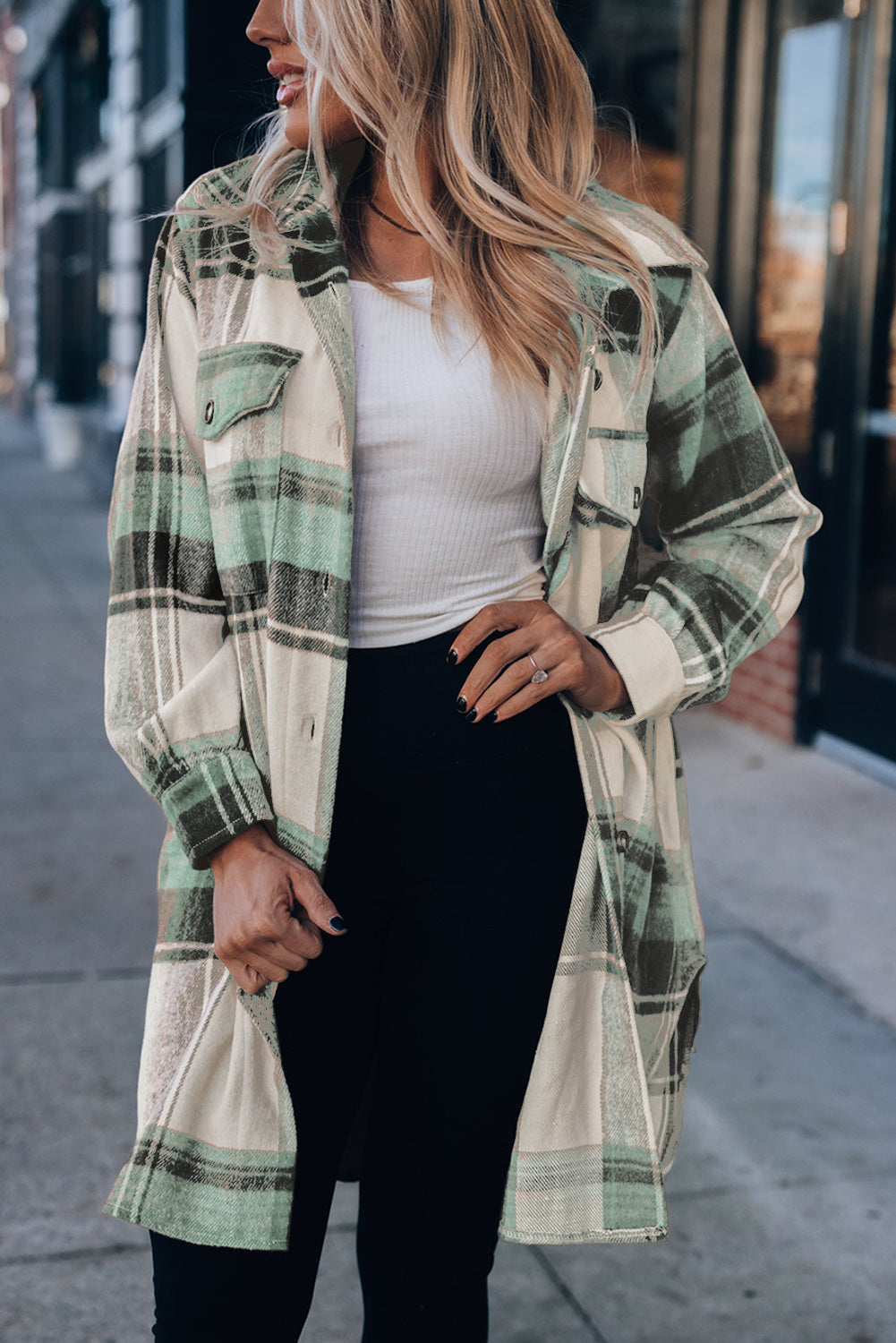 Brown Plaid Print Flap Pockets Long Shacket