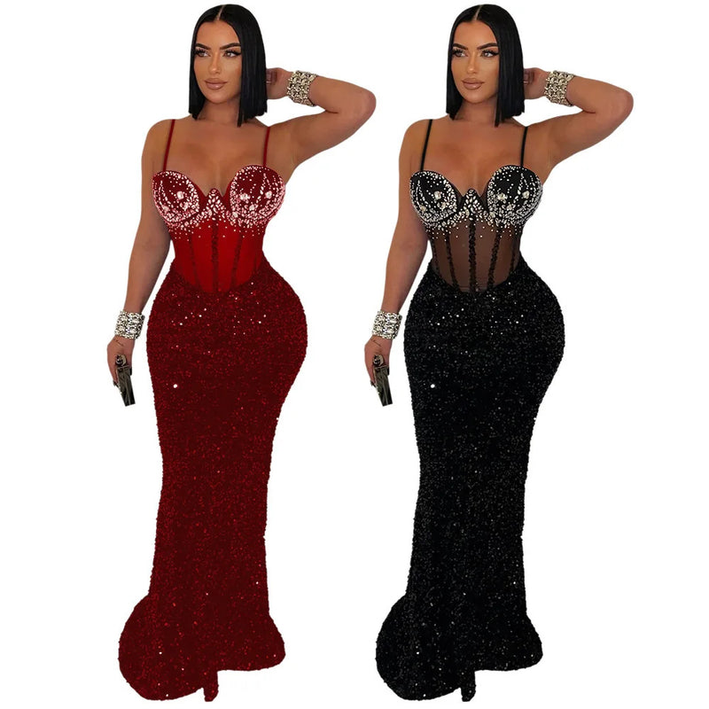 CM.YAYA Women Mesh Velvet Diamonds Sleeveless Strap Bodycon Maxi Dress Sequine Birthday Sexy Party Evening Vestidos Long Dresses