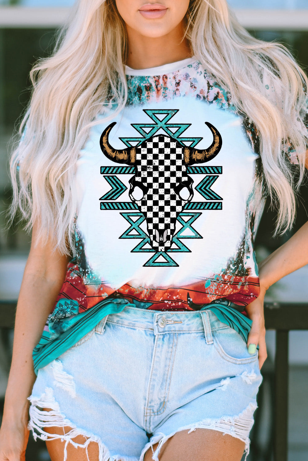 Green Western Checkered Steer Head Bleached Graphic Tee