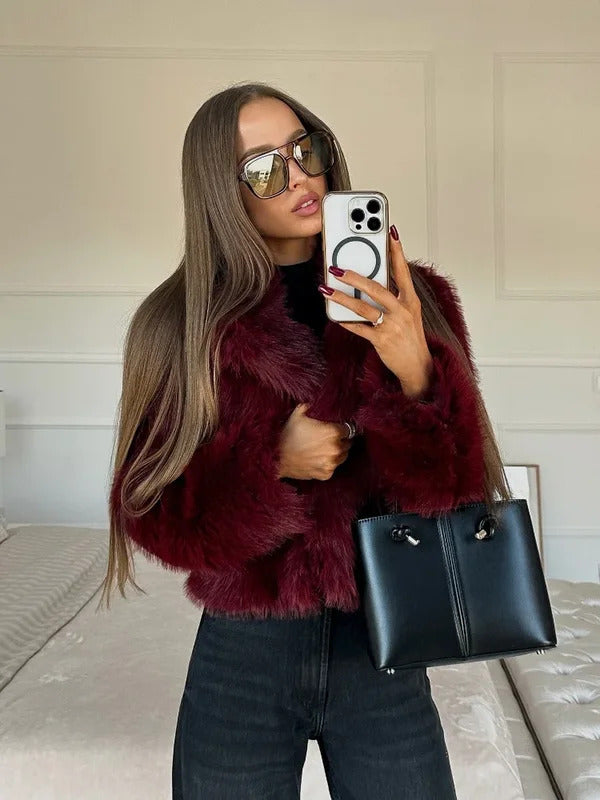 Vintage Red Faux Fox Fur Short Coat For Women Elegant Solid Lapel Long Sleeve Loose Jacket Winter Plush Warm High Street Outwear