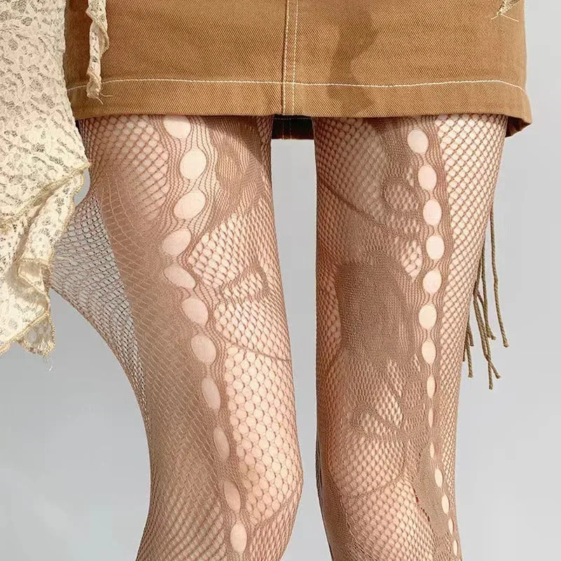 Y2K Floral Jacquard Sexy Stockings Women Gothic Punk Black Fishnet Pantyhose Harajuku Lolita Irregular Rose Holes Mesh Tights