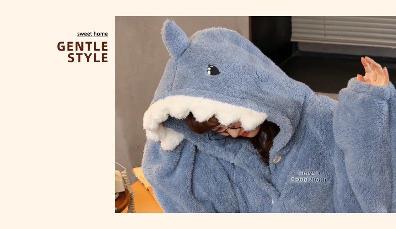 Women's Pajamas Thickened Warm Flannel Cartoon Shark Sleeping Robe Animal women's Two Pieces set Men Women Plush Thick Sleepwear