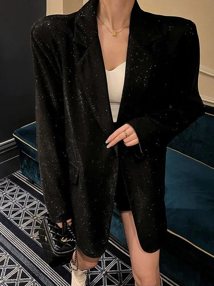 Tossy Sequin Glitter Lapel Suit Outwear For Women Luxury Long Sleeve Fashion Pocket Elegant Sparkle Coat Women's Suit Outwear