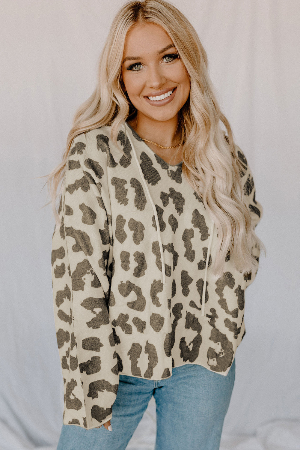 Leopard Drawstring Hooded Pullover Sweater