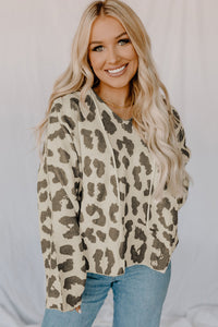 Leopard Drawstring Hooded Pullover Sweater