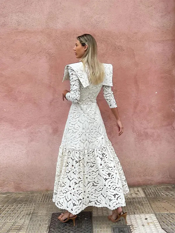 Elegant Hollow Out  Lace Maxi White Dress Women's Fashion Mock Neck Long Sleeved Shoulder Padded Robe 2024 Evening Females Wear