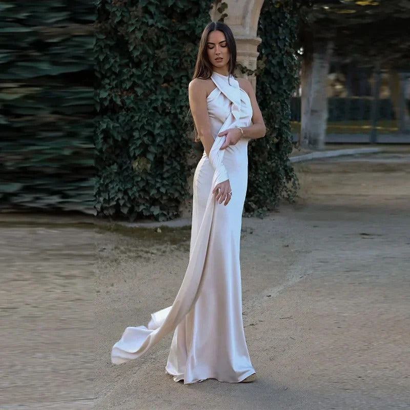 Elegant Satin Halter Party Dress Women Casual Slim Backless Sleeveless High Waist Female Robes 2024 Autumn Lady Evening Dresses