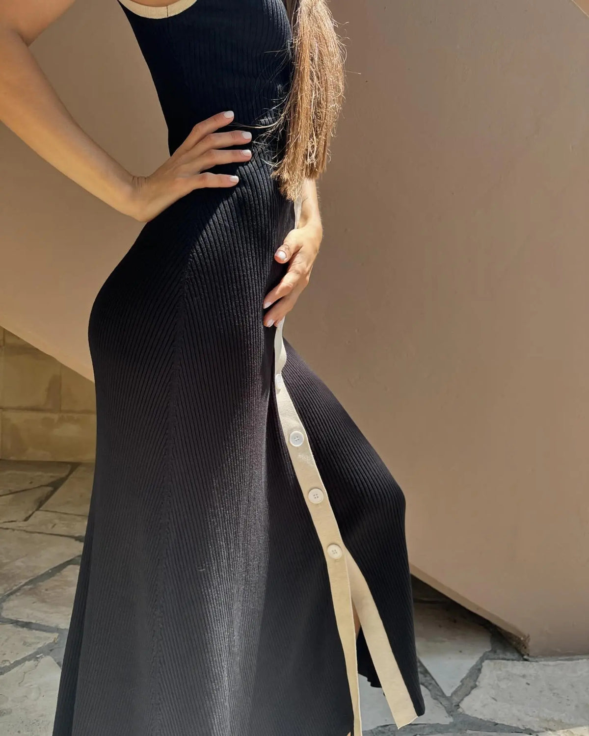 Tossy Knit Cardigan Maxi Dress Women's Summer V-Neck Contrast Sleeveless Ribbed Fashion Elegant Dress Female Knitwear Long Dress