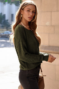 Duffel Green Textured Knit Round Neck Dolman Sleeve Sweater